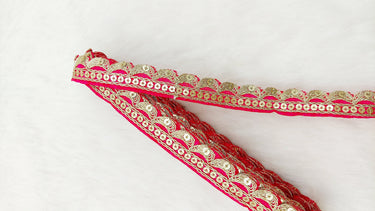 Art Silk Fabric Trim With Gold Embroidery, Scallop Sequins Sari Border, Trim By 3 Yards